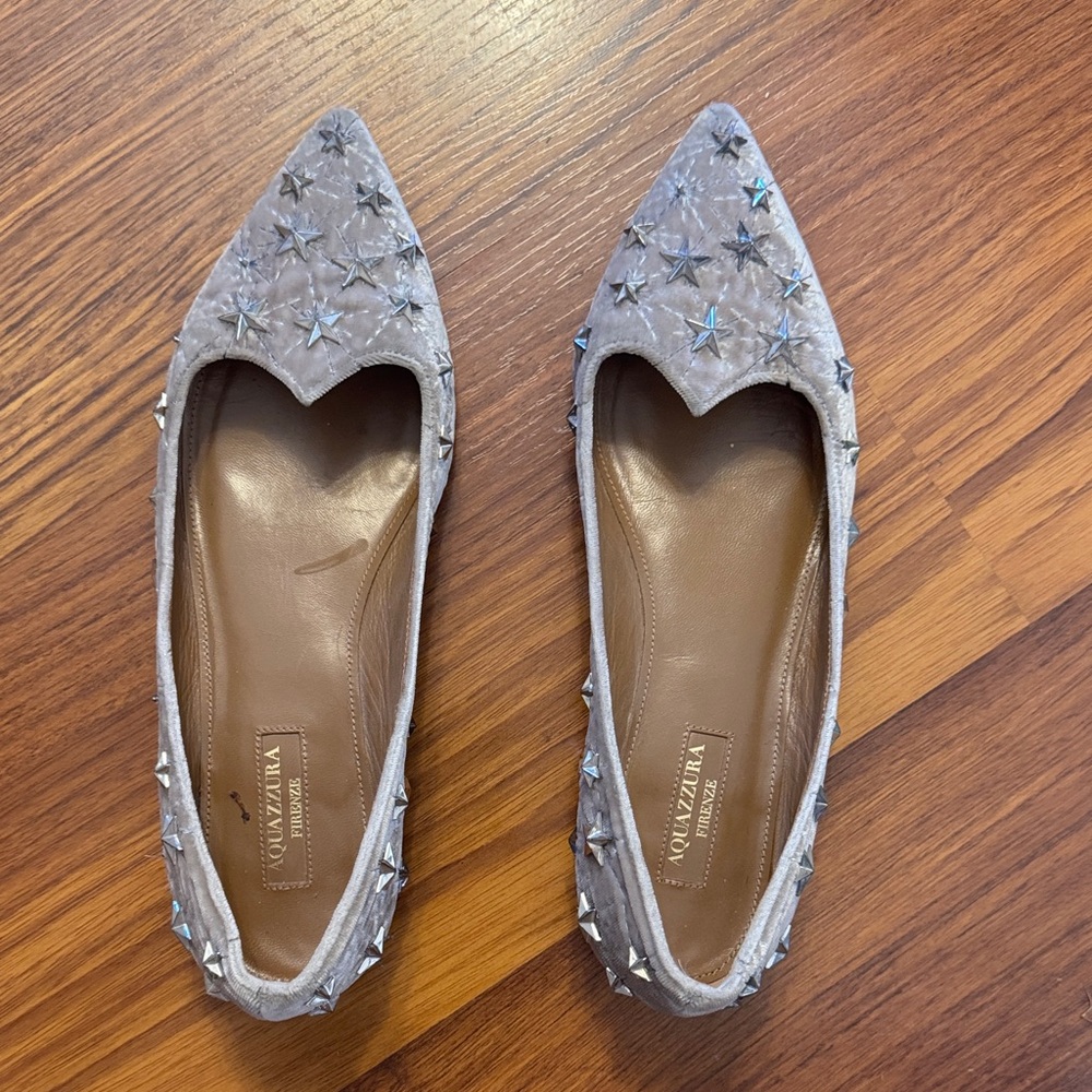 Aquazzura Star-Embellished Gray Flats